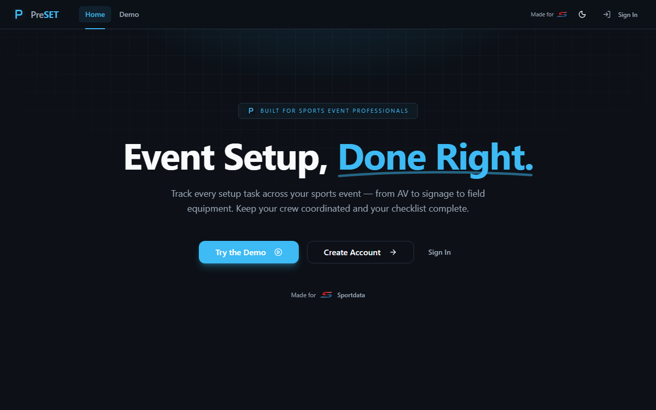 PreSET home page: Event setup, done right